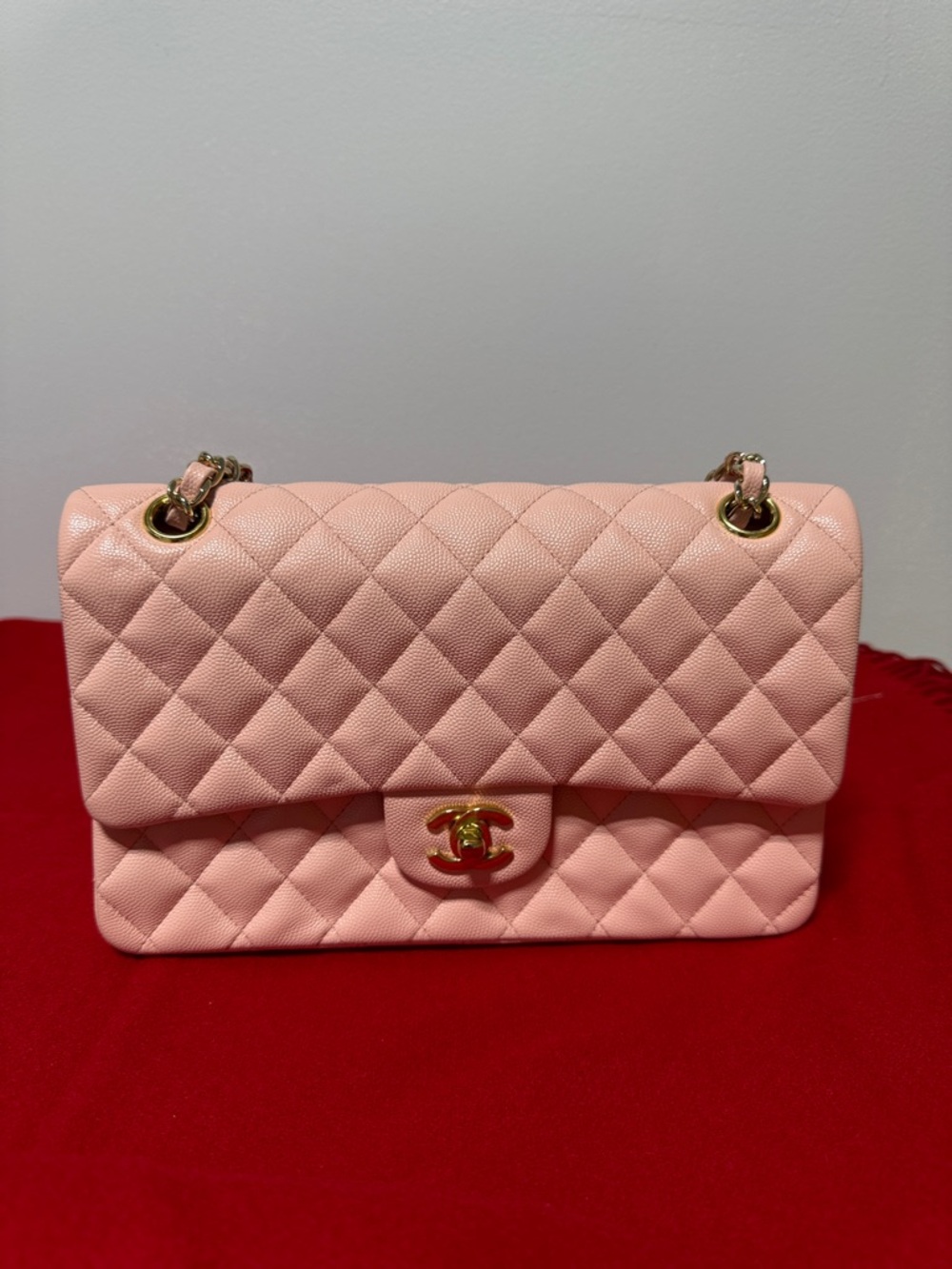 Quilted Shoulder caviar  medium  Bag in Soft Pink with Gold Hardware